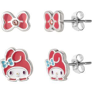 Sanrio Women's Silver Flash-Plated Crystal and My Melody Bow Stud Earrings Pack